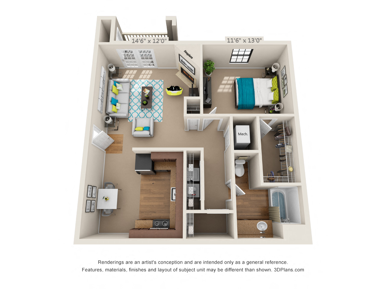 Floor plan for 1 bed, 1 bath, 788 sqft